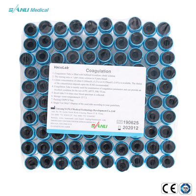 CE ISO Blue Top Glass Coagulation Test Tubes Dengan Aditif Natrium Sitrat 3,2%.